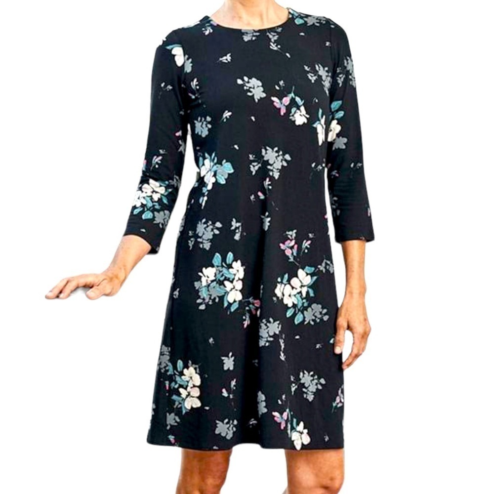 J JILL Wearever Fresh Flowers A-line Jersey Knit Knee Length 3/4 Sleeve Dress S